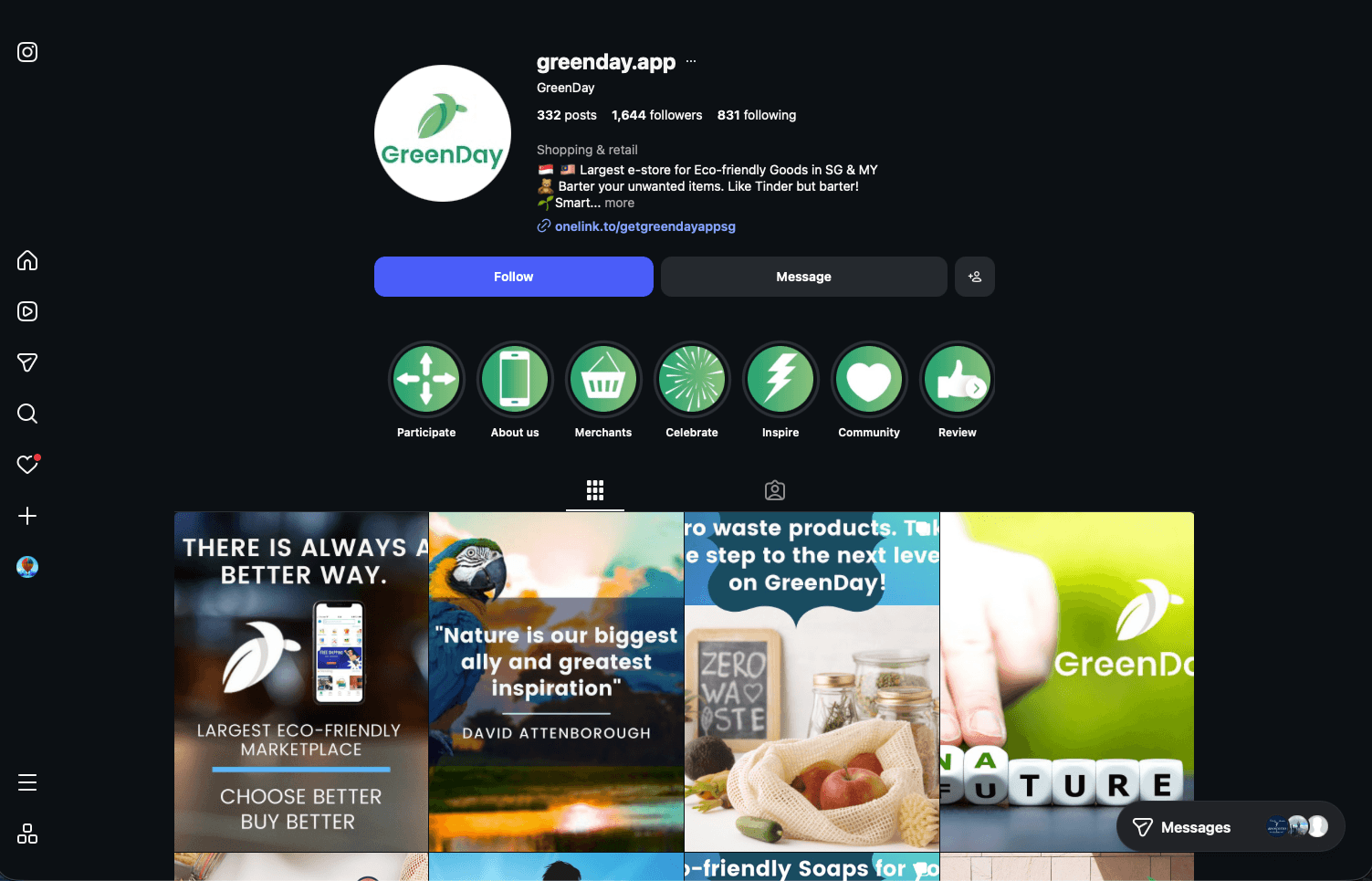 GreenDay's Instagram profile, an eco-friendly marketplace for Singapore and Malaysia