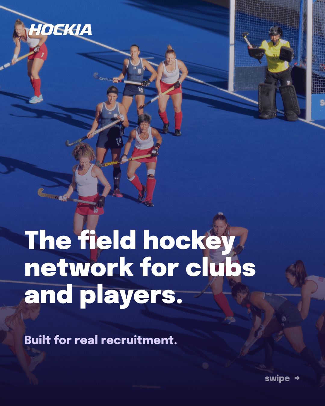 Hockia campaign creative: 'The field hockey network for clubs and players. Built for real recruitment.'