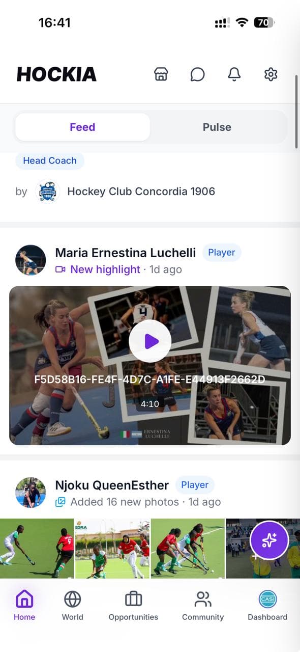 Hockia home feed showing a player highlight video, a player photo upload and a club posting a head coach opening