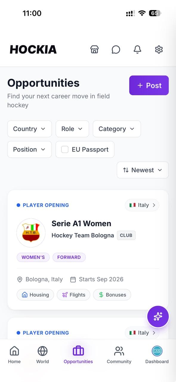 Hockia opportunities screen listing club openings filtered by country, role, category, position and EU passport