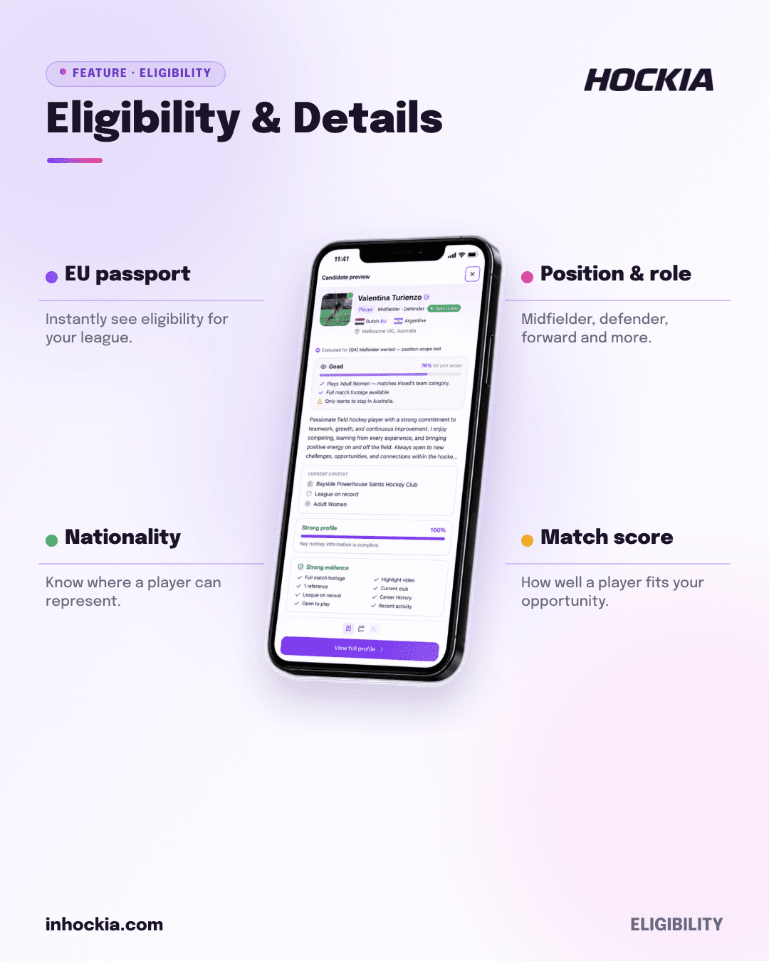 Hockia feature creative covering eligibility and details: EU passport, nationality, position, match score