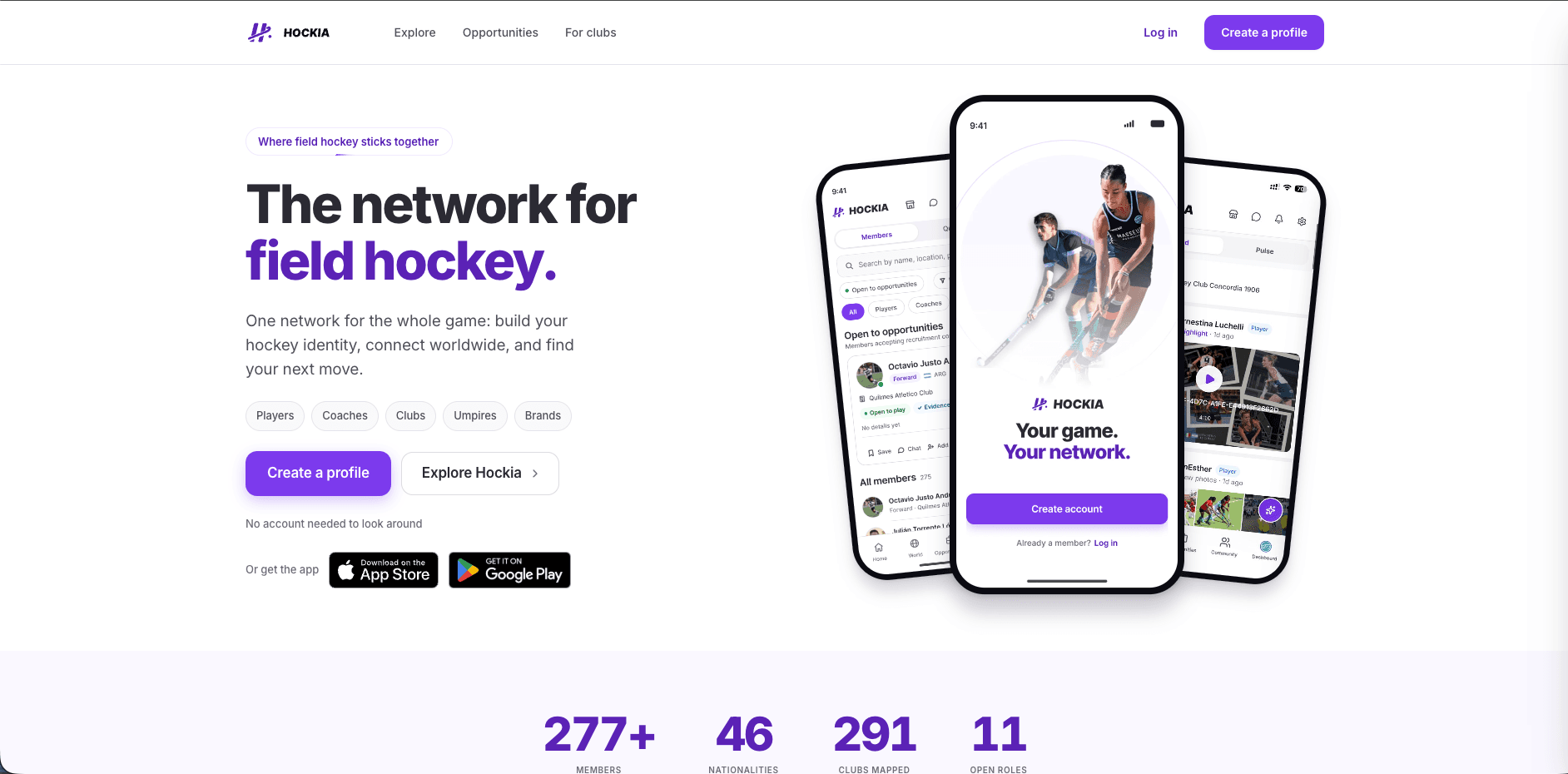 inhockia.com hero: 'The network for field hockey', with the app shown on three phones