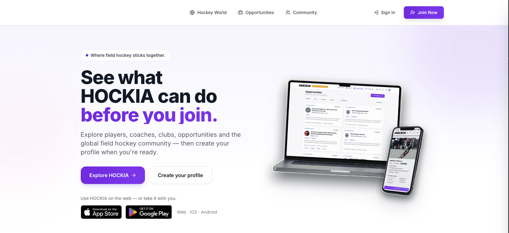 inhockia.com landing page: explore players, coaches, clubs and opportunities before you join